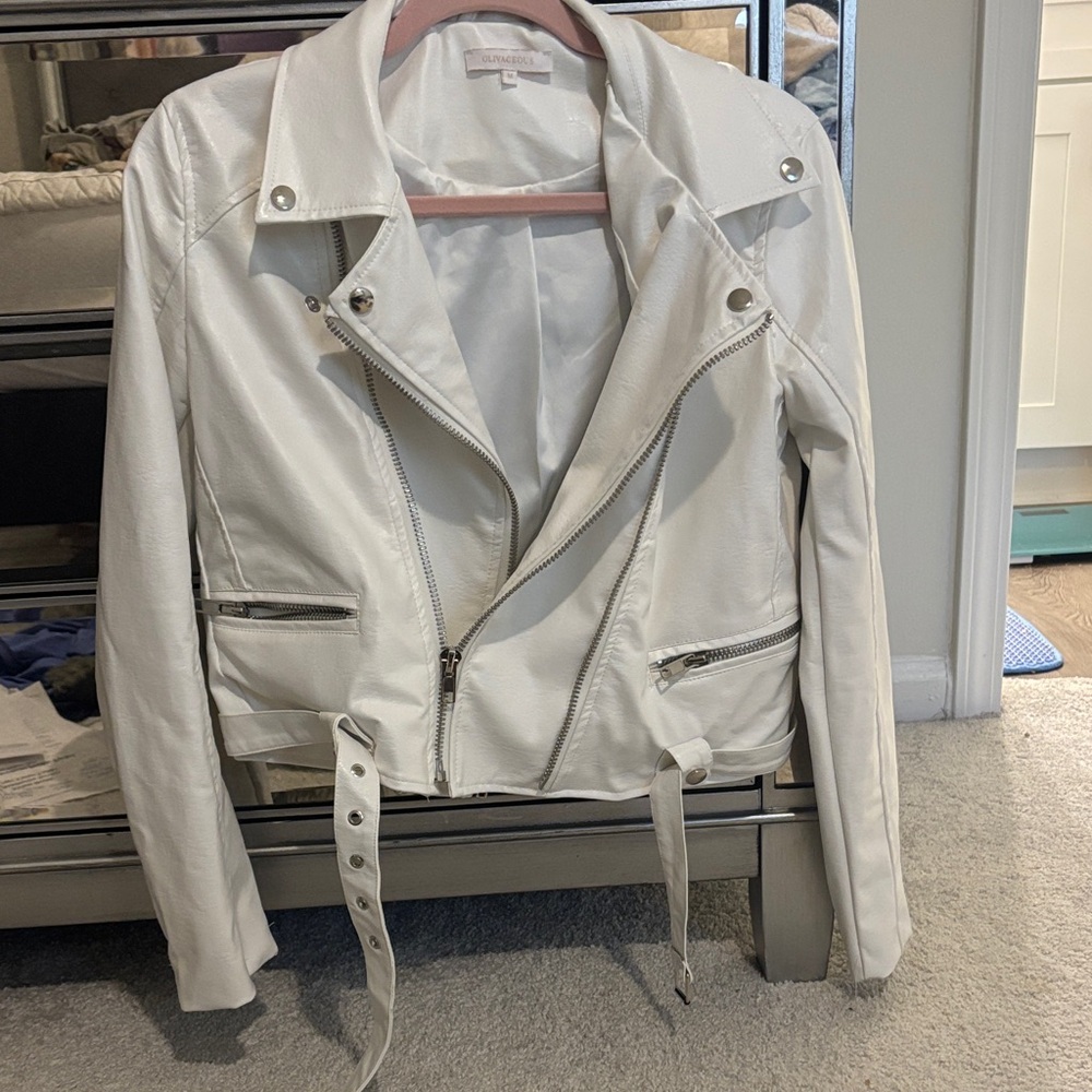 Olivaceous White Faux Leather Moto Jacket